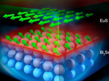 Illustration showing structure of Bi2Se3-EuS bilayer film. (Image credit: ORNL/Jill Hemman) Illustration showing structure of Bi2Se3-EuS bilayer film. (Image credit: ORNL/Jill Hemman)