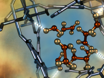 Illustration of a nitrogen dioxide molecule (depicted in red and gold) confined within a nano-size pore of an MFM-300(Al) metal-organic framework material as characterized using neutron scattering at Oak Ridge National Laboratory. Illustration of a nitrogen dioxide molecule (depicted in red and gold) confined within a nano-size pore of an MFM-300(Al) metal-organic framework material as characterized using neutron scattering at Oak Ridge National Laboratory.