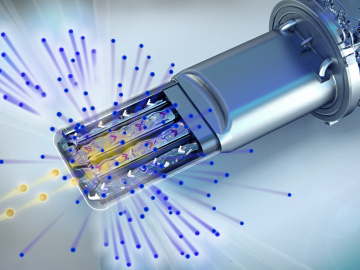 As protons (pink) strike the target vessel and pass into the liquid mercury inside, the protons are absorbed, creating neutrons (blue) that are then sent through moderators and beam tubes to research instruments to study the fundamental properties of mate