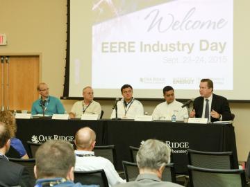 James White, Rod Stucker and James Rowland, winners of DOE's inaugural Buildings Crowdsourcing Community Campaign, joined GE Appliance’s Venkat Venkatakrishnan and DOE Assistant Secretary David Danielson for a panel discussion at EERE Industry Day at ORNL