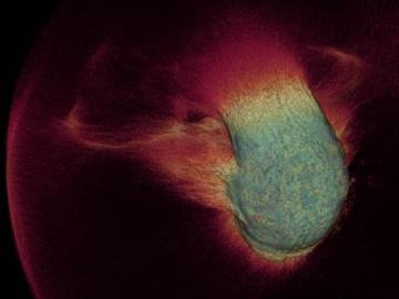 Proton density after laser impact on a spherical solid density target: irradiated by an ultra-short, high intensity laser (not in picture) the intense electro-magnetic field rips electrons apart from their ions and creates a plasma. 