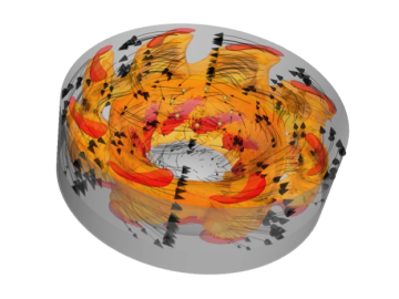 In a model of a 1.6 liter engine cylinder, liquid fuel (shown in red and orange) is converted to fuel vapor under high temperatures during ignition. Image courtesy of Ronald Grover.