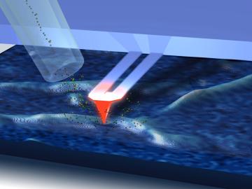 A heated atomic force microscope cantilever probe touches a surface to be analyzed.  Surface material that is thermally desorbed is drawn as a vapor into the ion source of the mass spectrometer, ionized and then detected and analyzed by a mass spectromete