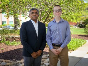 Oak Ridge National Laboratory Director Thomas Zacharia (left) congratulates Jan Jakowski, winner of the 2018 UT-Battelle Scholarship to the University of Tennessee. Photo by Genevieve Martin