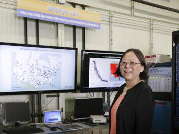 Yilu Liu with the FNET GridEye system in the lab.