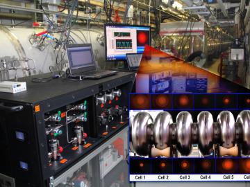 Behind the work station, cryomodule 19 undergoes in-situ plasma processing inside the SNS linac. The inset shows a 6-cell cavity with monitored plasma inside each cell. Image credit: Genevieve Martin/ORNL.