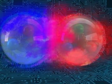 Graphical representation of a deuteron, the bound state of a proton (red) and a neutron (blue). Credit: Andy Sproles/Oak Ridge National Laboratory, U.S. Dept. of Energy. 