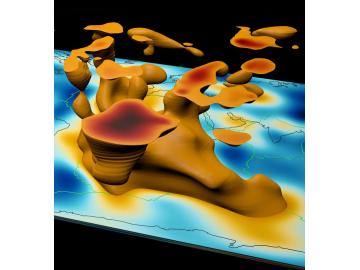 A visualization of mantle plumes in the Eastern hemisphere overlaying a flat global map. Credit: David Pugmire, ORNL