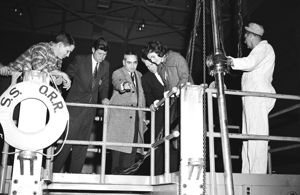 Lab director Alvin Weinberg with Massachusetts Senator John Kennedy and Jacqueline Kennedy at the Oak Ridge Research Reactor during their visit to ORNL, February 1959.