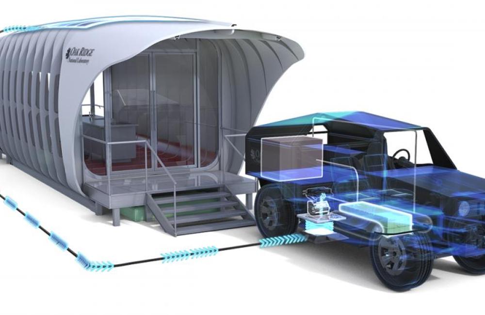 AMIE’s 3D-printed utility vehicle (PUV) runs on natural gas and powers the vehicle’s generator. 