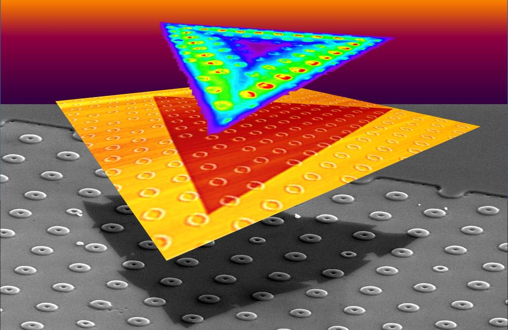 Strain-tolerant, triangular, monolayer crystals of WS2 were grown on SiO2 substrates patterned with donut-shaped pillars, as shown in scanning electron microscope (bottom) and atomic force microscope (middle) image elements. 