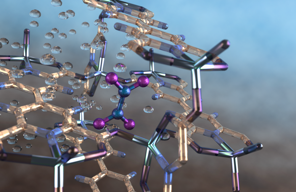 Illustration of a nitrogen dioxide molecule (depicted in blue and purple) captured in a nano-size pore of an MFM-520 metal-organic framework material as observed using neutron vibrational spectroscopy at Oak Ridge National Laboratory. Image credit: ORNL/Jill Hemman