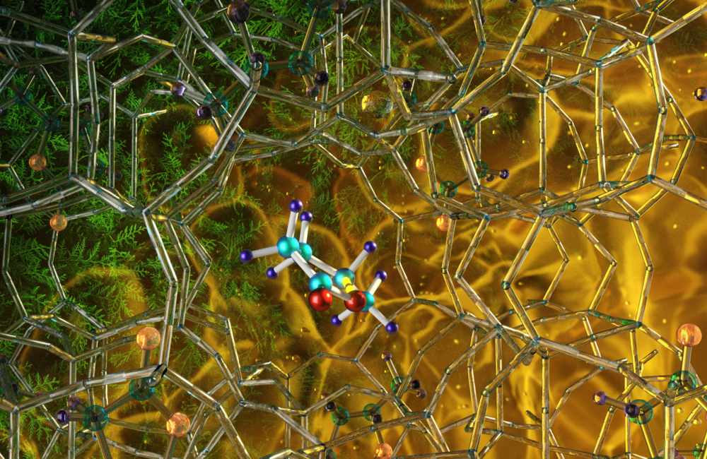 Illustration of the optimized zeolite catalyst (NbAlS-1), which enables a highly efficient chemical reaction to create butene, a renewable source of energy, without expending high amounts of energy for the conversion. Credit: ORNL/Jill Hemman