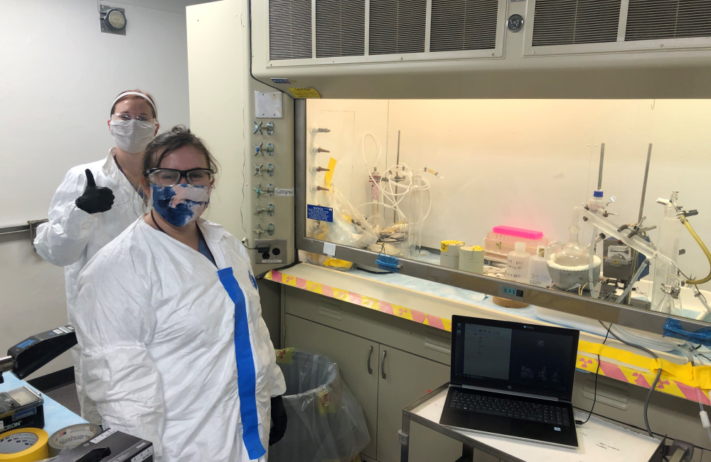 Ashleigh Kimberlin and Mikayla Molnar achieve success with a gas-trapping apparatus for Ac-225 production. Credit: ORNL, U.S. Dept. of Energy