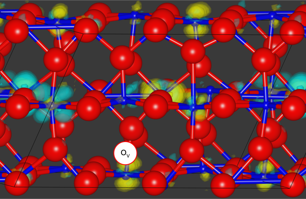 Using quantum Monte Carlo methods, the researchers simulated bulk VO2. Yellow and turquoise represent changes in electron density between the excited and ground states of a compound composed of oxygen, in red, and vanadium, in blue, which allowed them to evaluate how an oxygen vacancy, in white, can alter the compound’s properties. Credit: Panchapakesan Ganesh/ORNL, U.S. Dept. of Energy