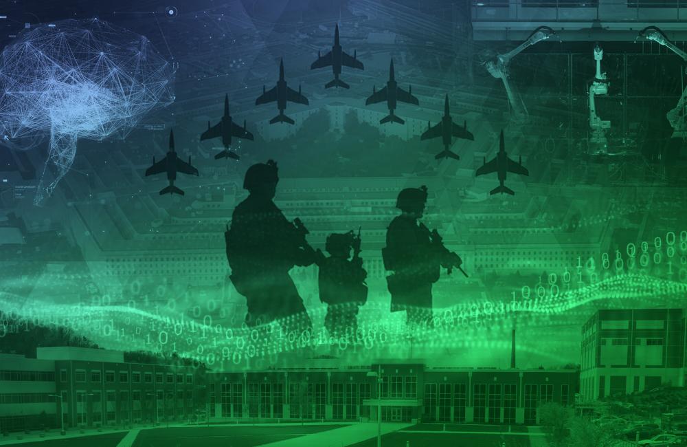 Collage of silhouettes of military members, military plane formation, computer code, the pentagon, and Oak Ridge main campus