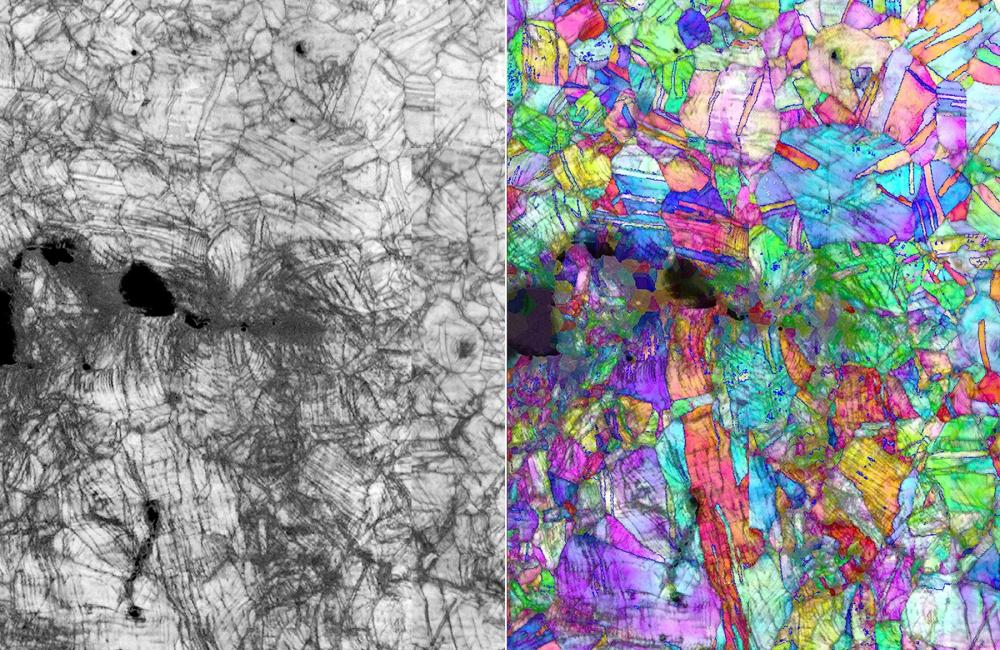 Microscopy-generated images showing the path of a fracture and accompanying crystal structure deformation in the CrCoNi alloy at nanometer scale during stress testing at 20 kelvin (-424 F). The fracture is propagating from left to right. Credit: Robert Ritchie/Berkeley Lab