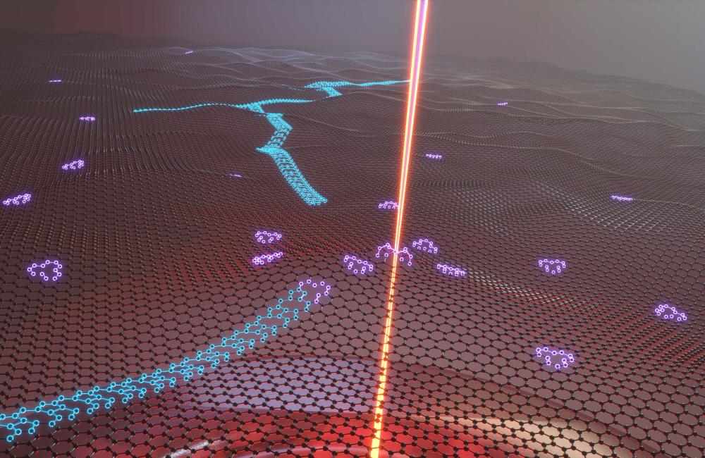 When an electron beam drills holes in heated graphene, single-atom vacancies, shown in purple, diffuse until they join with other vacancies to form stationary structures and chains, shown in blue. Credit: Ondrej Dyck/ORNL, U.S. Dept. of Energy