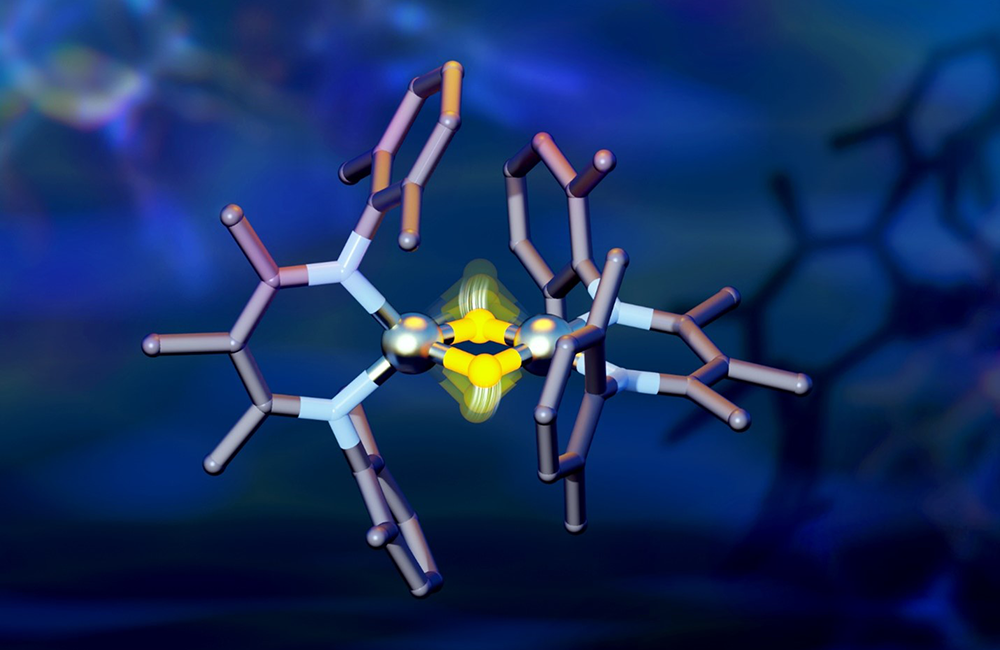 Even small movements of hydrogen, shown in yellow, were found to cause large energy shifts in the attached iron atoms, shown in silver, which could be of interest in creating novel chemical reactions. Credit: Jill Hemman/ORNL, U.S. Dept. of Energy