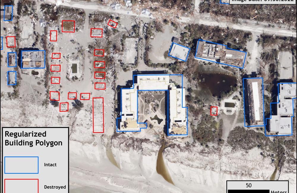 Satellite image with AI-detected building outlines showing intact and destroyed structures following a hurricane.