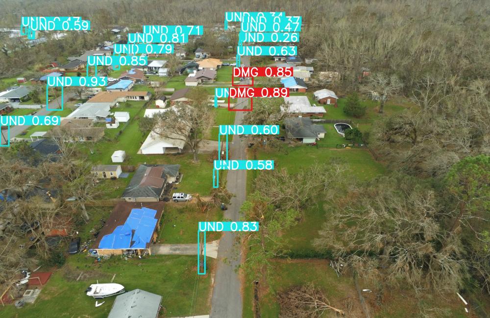 Aerial view of hurricane damage, with computer-generated utility pole detection.