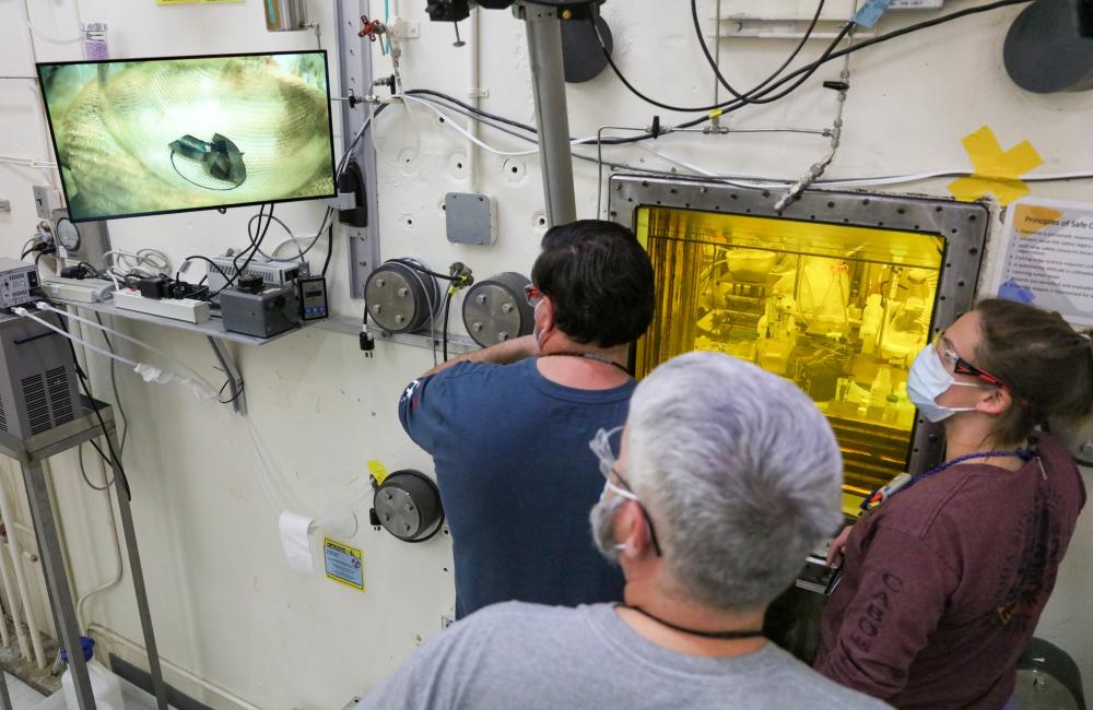 David Denton, Lance Wyant (on manipulator) and Cassandra Fike-Hanley prepare irradiated thorium target segments for dissolution. That processing will separate out actinium-225, which will then be packaged for customers. Credit: Genevieve Martin/ORNL, U.S. Dept. of Energy