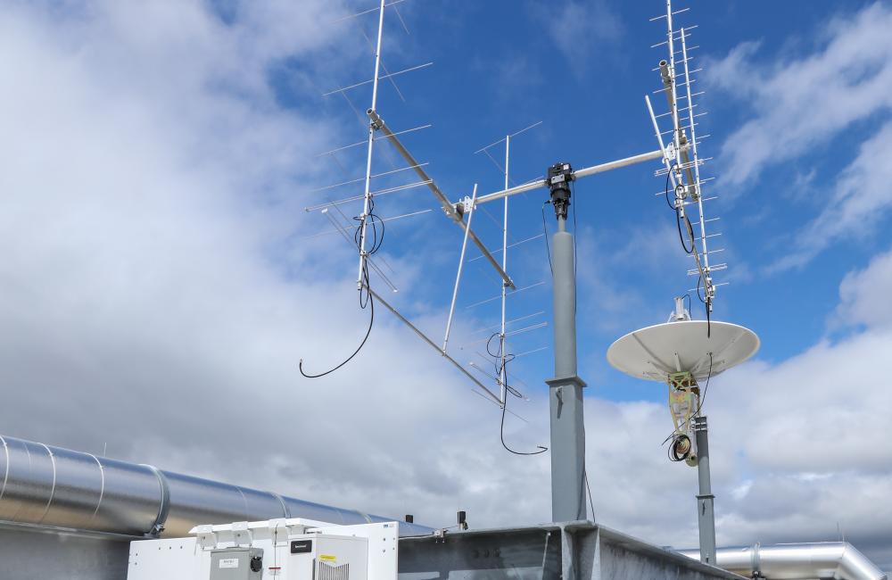 A satellite ground station atop a building