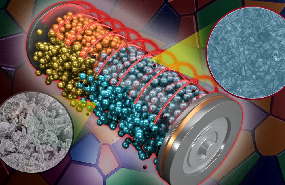 ORNL researchers have developed a new pressing method, shown as blue circle on right, that produces a more uniform solid electrolyte than the traditionally processed material with more voids, shown as gray circle on left. The material can be integrated into a battery system, center, for improved stability and rate performance. Credit: Andy Sproles/ORNL, U.S. Dept. of Energy