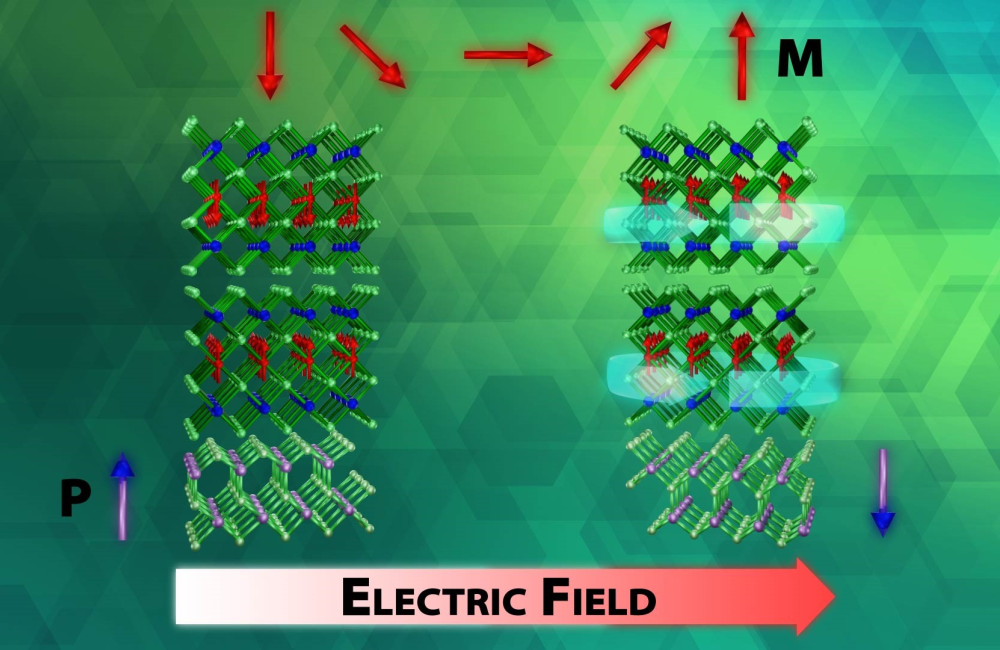 A new method to control quantum states in a material is shown. The electric field induces polarization switching of the ferroelectric substrate, resulting in different magnetic and topological states. Credit: Mina Yoon, Fernando Reboredo, Jacquelyn DeMink/ORNL, U.S. Dept. of Energy