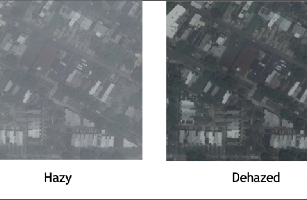 hazy image shows how satellite imagery looks when first received by the analysts. After processing, the dehazed image is clearer for a scientist to review.