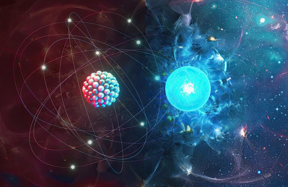  Conceptual art depicts an atomic nucleus and merging neutron stars, respectively, areas of study in ORNL-led projects called NUCLEI and ENAF within the Scientific Discovery through Advanced Computing, or SciDAC, program. Credit: Adam Malin/ORNL, U.S. Dept. of Energy