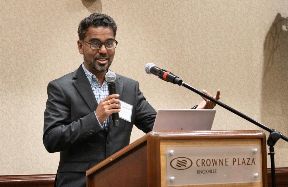 Director of ORNL’s AI Initiative Prasanna Balaprakash addresses attendees at the Generative AI for ORNL Science Workshop.
