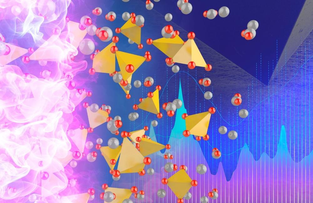 The image conceptualizes the processing, structure and mechanical behavior of glassy ion conductors for solid state lithium batteries. Credit: Adam Malin/ORNL, U.S. Dept. of Energy