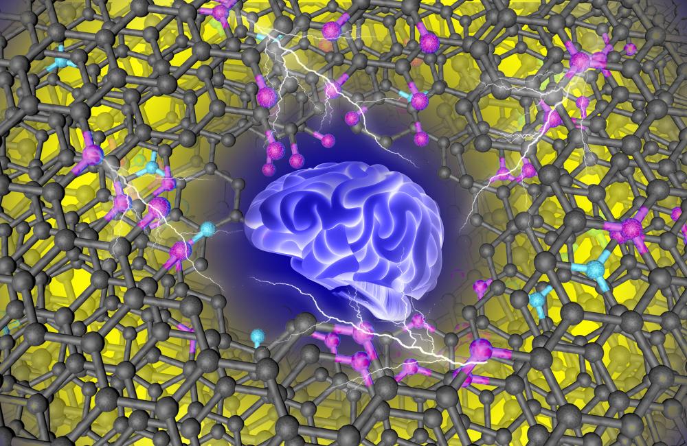 Conceptual art depicts machine learning finding an ideal material for capacitive energy storage. Its carbon framework (black) has functional groups with oxygen (pink) and nitrogen (turquoise). Credit: Tao Wang/ORNL, U.S. Dept. of Energy