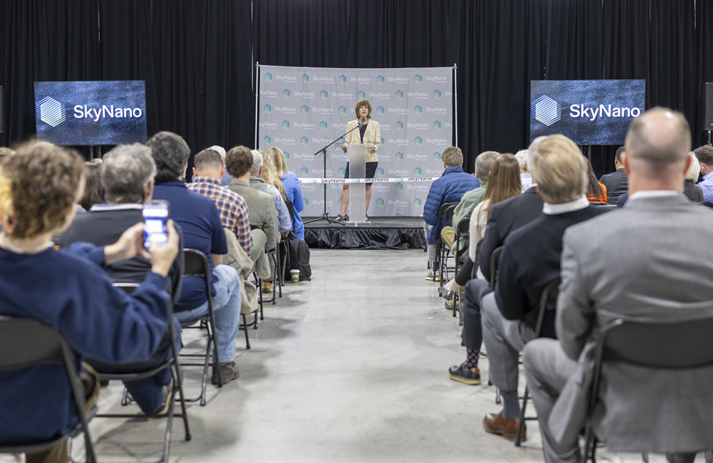 Susan Hubbard speaks at SkyNano ribbon-cutting.