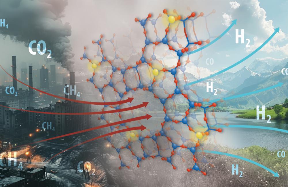 Pictured is the process of converting greenhouse gases to syngas, shown with a city scape with CO2 and CH4 turning to a mountain landscape with CO and H2