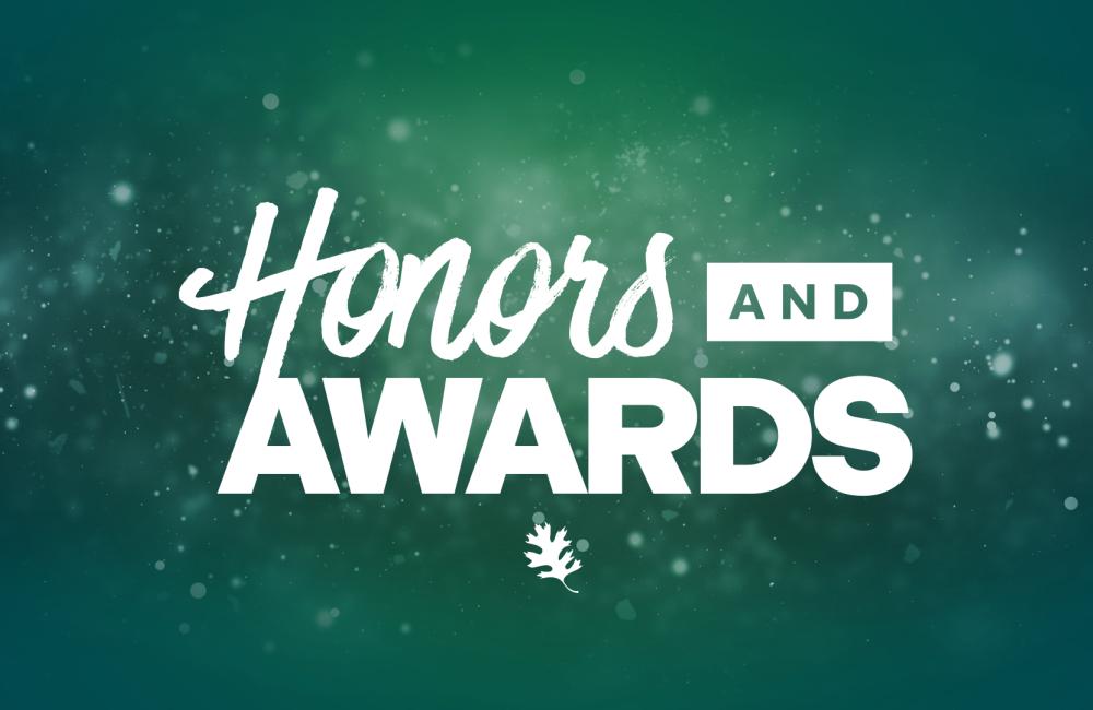 Honors and Awards graphic with white lettering on top of a green, blue and white background