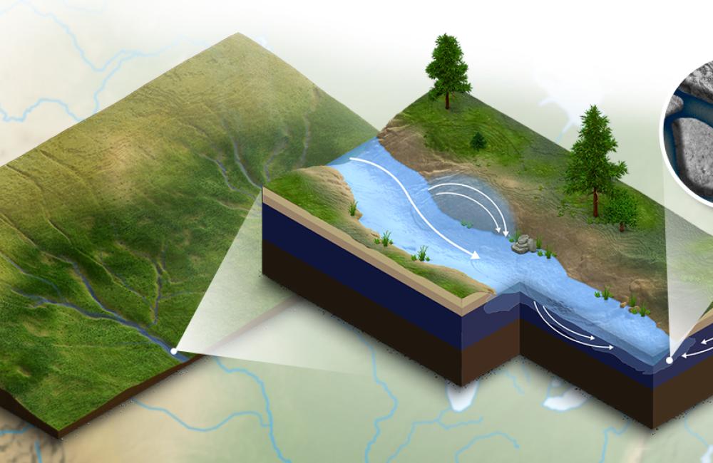 A multiscale watershed model showing water flow from landscape to stream, with a close-up of groundwater and rock-scale dynamics.