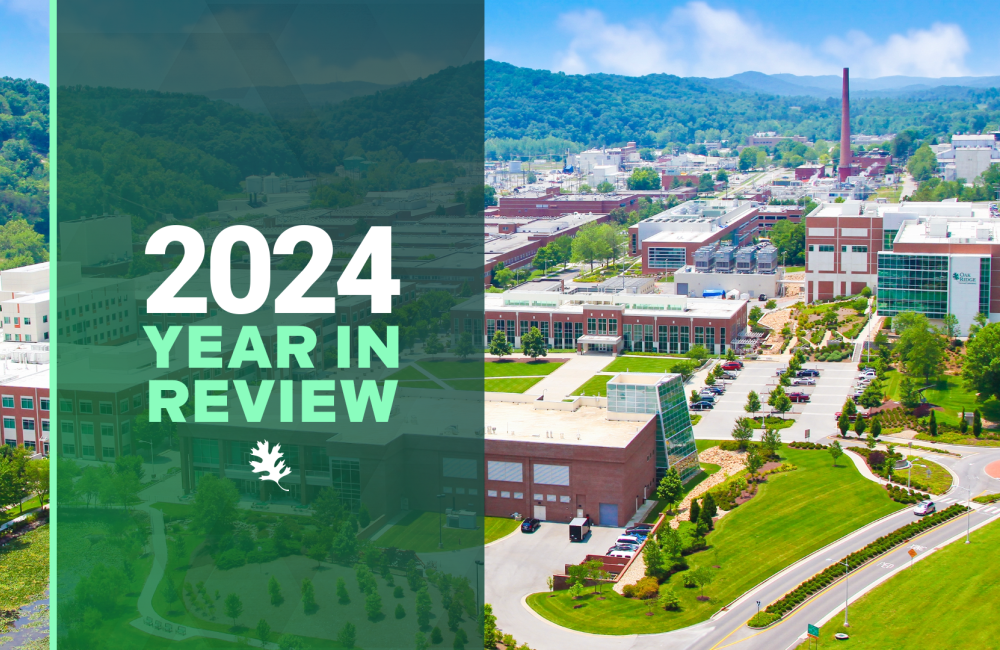 A photo of the ORNL campus with text overlay that says 2024 Year in Review off to the left 
