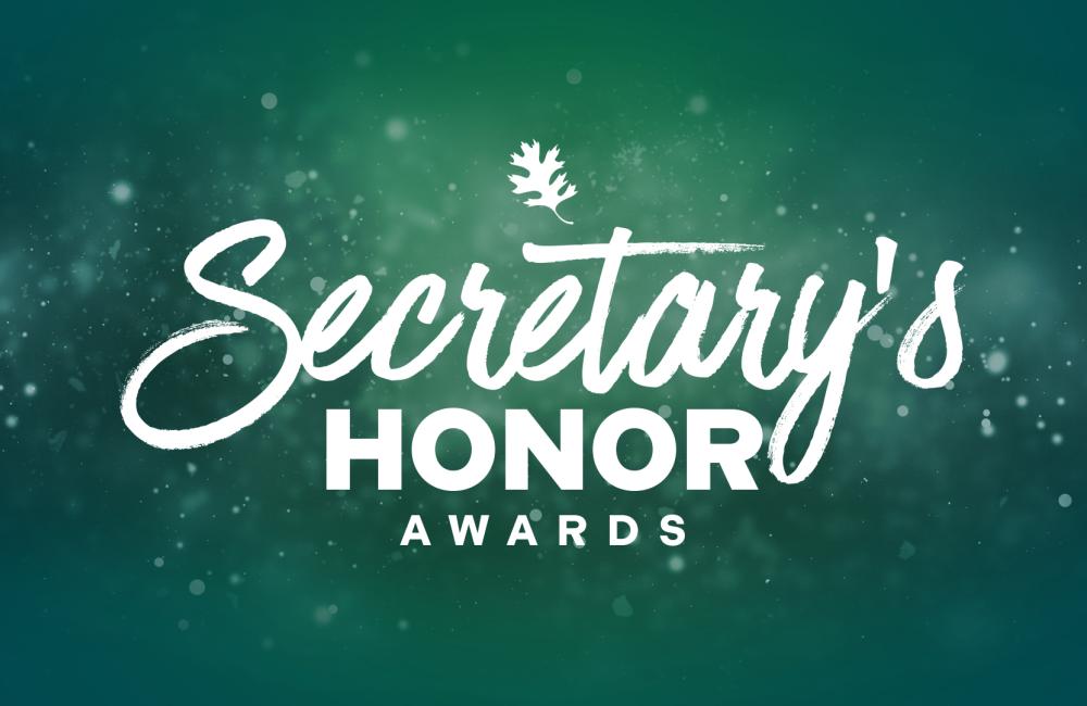 Light green and dark green graphic with the text overlay in three stacked word blocks "Secretary's Honor Awards"