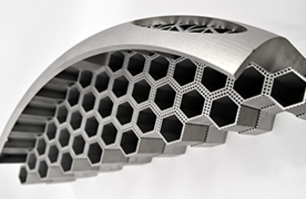 Rendering of 3d printed component, a metallic arch filled with hexagons