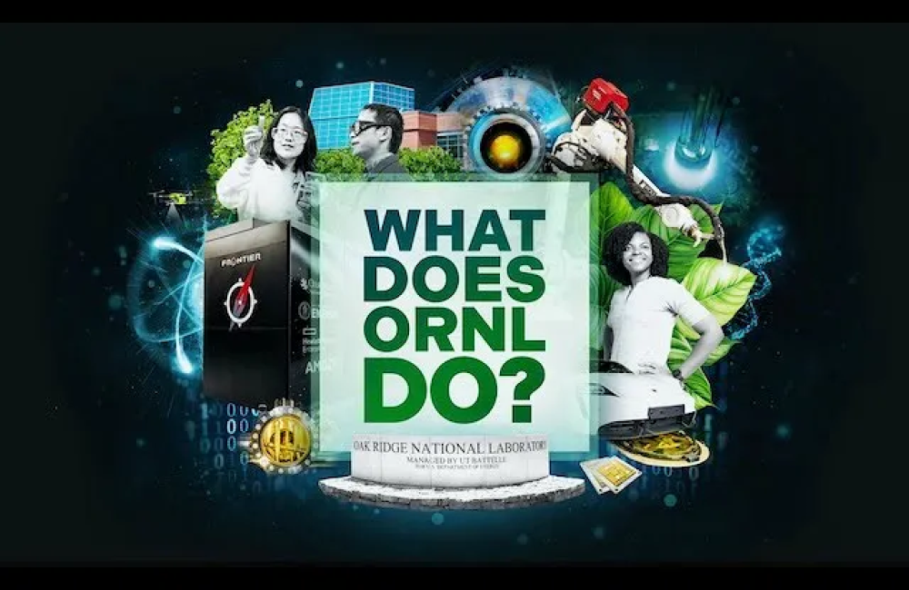 A digitally illustrated collage showcases various scientific and technological elements surrounding a central sign that reads, "WHAT DOES ORNL DO?"