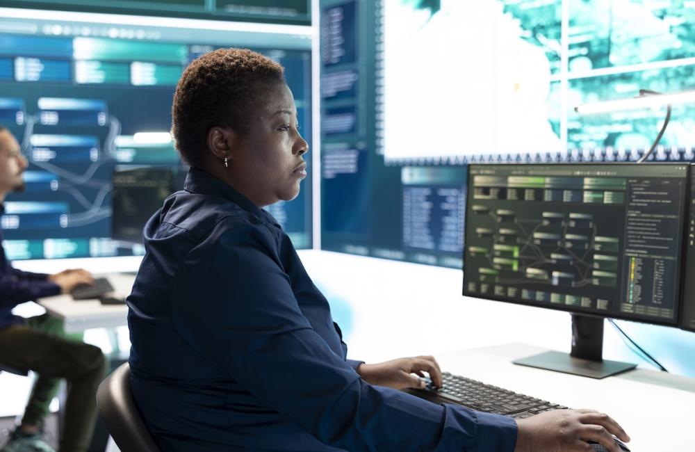 Woman examining server information on a big screen. Image from Envato