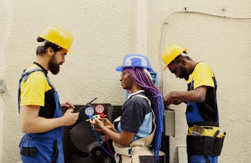 Skilled technicians refilling freon and fixing leaks in external air conditioning unit. Image from Envato