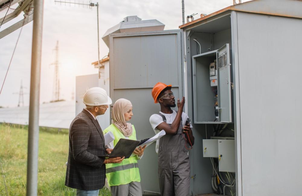 African american technician checking serviceability of cables in switchgear. Image from Envato