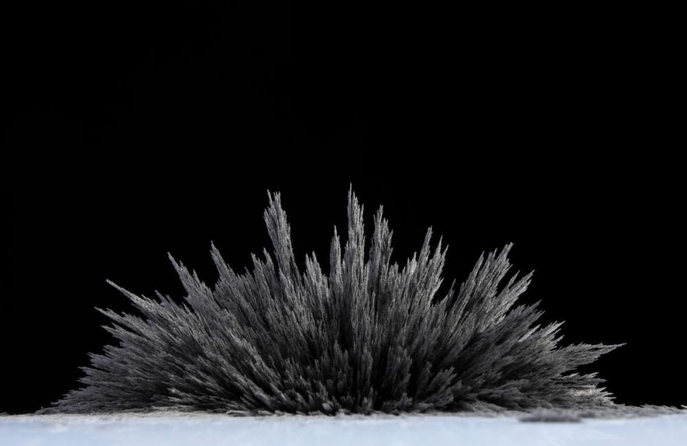 A reaction of iron dust to a magnetic field of a strong neodymium magnet on a black background. Image from Envato