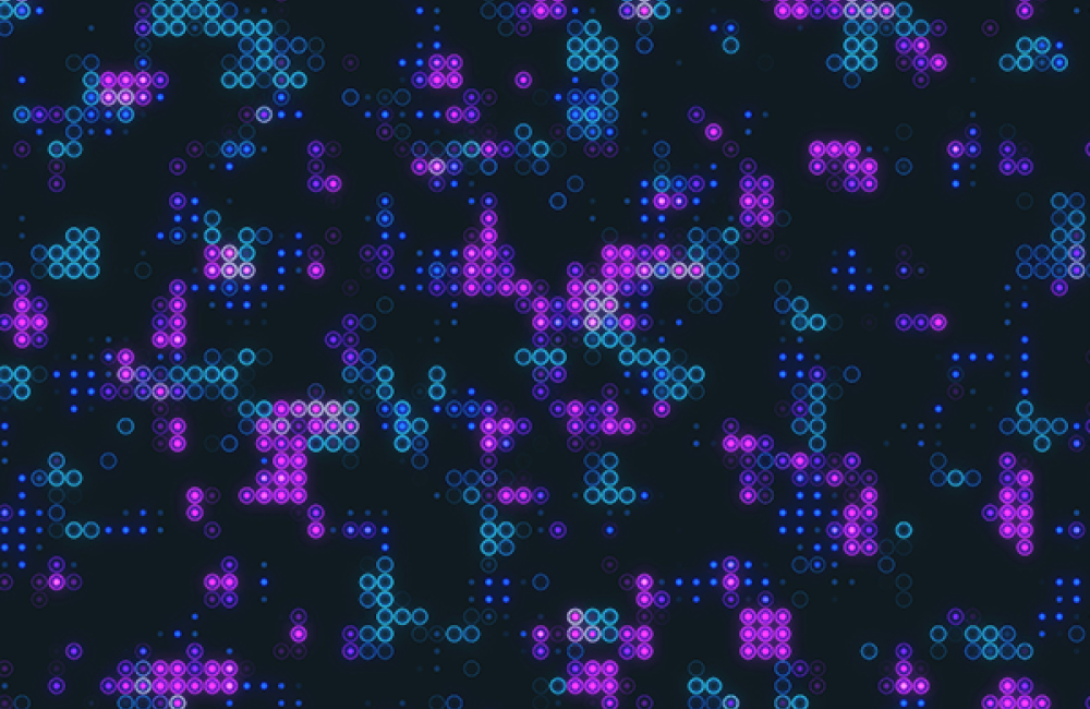 Digital illustration of scattered, glowing hexagonal and circular shapes in blue and pink colors on a dark background. Review AI-generated content for inaccuracies, biases or offensive material.