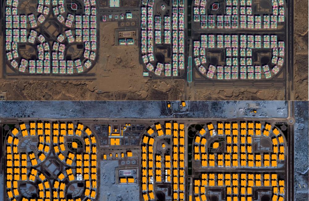 Before-and-after satellite images of built structures and AI-based building footprint detection.