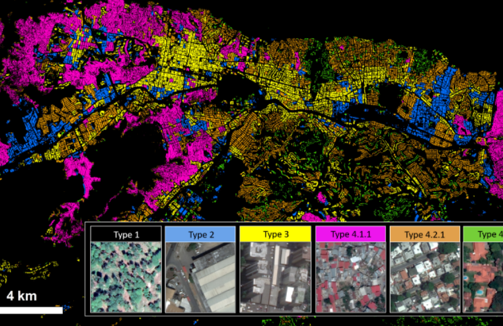 Satellite image of Venezuela showing color-coded building overlays to identify settlement types