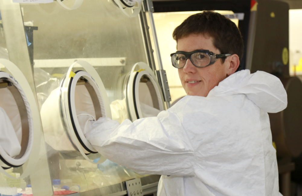 Person in a lab coat and safety glasses uses a glovebox.